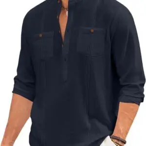 Macsivo Cotton Blend Solid Casual Short Kurta for Men Long Sleeve Mandarin Collar Stylish Shirt Kurta for Men